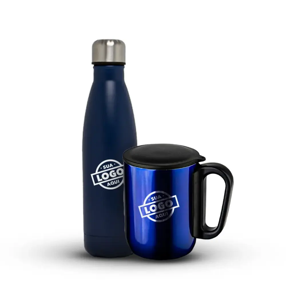 Combo Caneca Inox Parede Dupla 230ml +Garrafa Térmica Inox 500ml